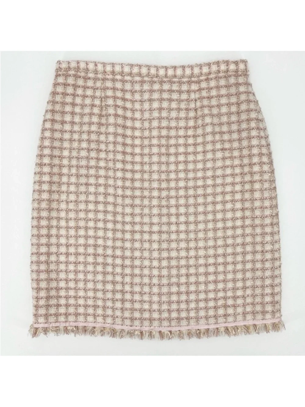 Bob Mackie Studio Cream/Pink Tweed Fringe Pencil Skirt Size 14